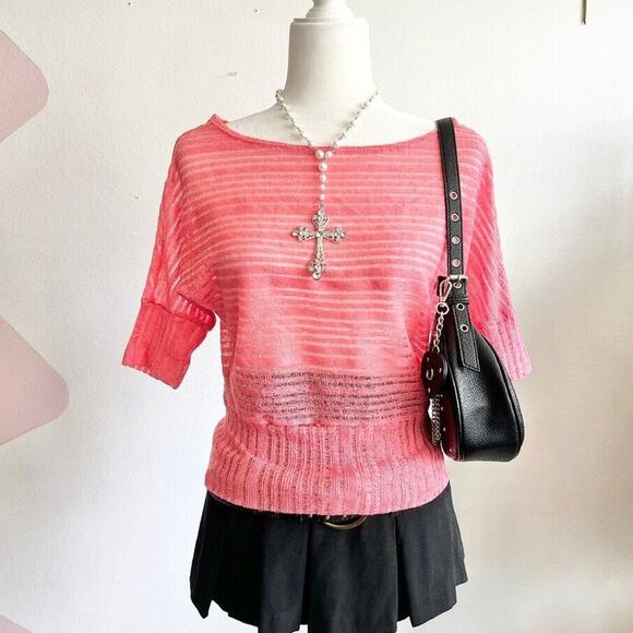 Vintage Y2K Pink Mesh Batwing Sleeve Top, 2000s‎ Retro Clubwear Small - Picture 1 of 2